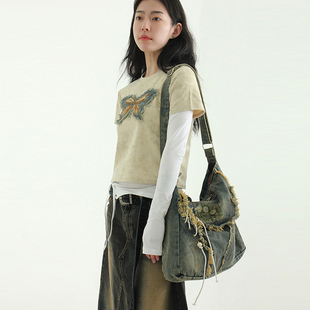 韩代25A/W flower patched eylet tassel denim bag 牛仔单肩包