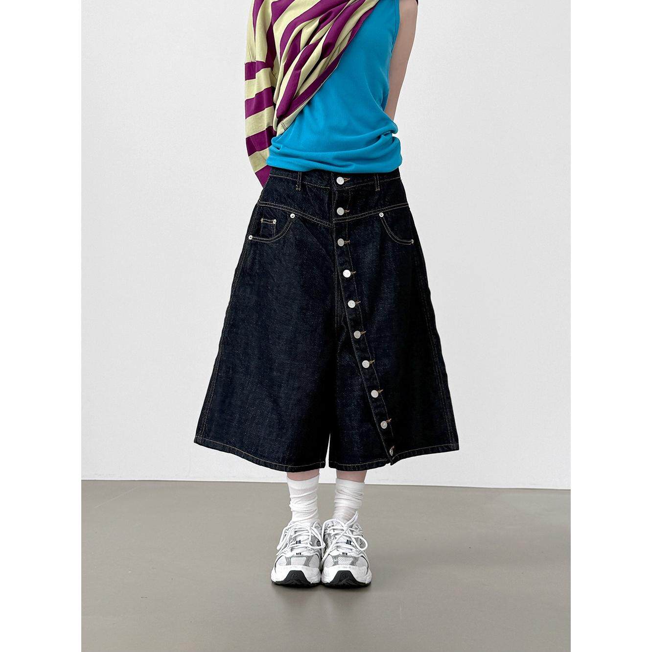 韩代26 obliaue button indigo bermuda pants(unisex)牛仔七分裤