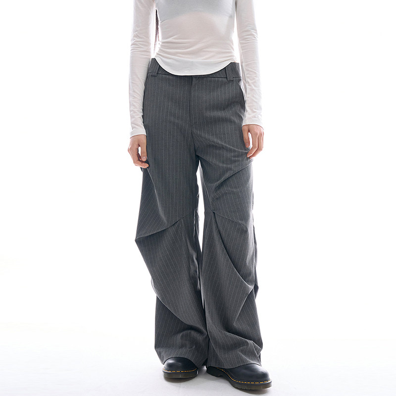 Raucohouse韩代褶皱条纹休闲西裤