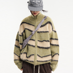block wool zip 韩代Raucohouse knit条纹针织开衫 color Wavy