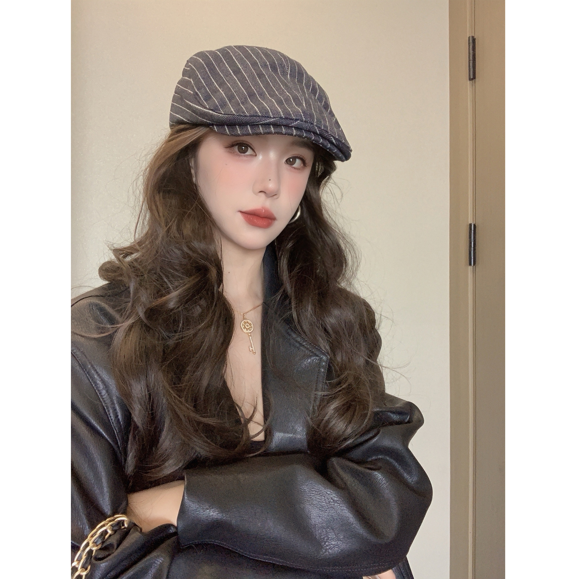 日系小众文艺条纹前进帽子女秋冬