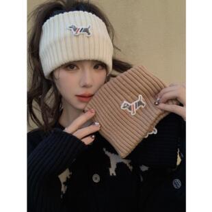 冬季可爱腊肠狗刺绣针织发带女扎马尾头带日常运动洗脸头箍显脸小