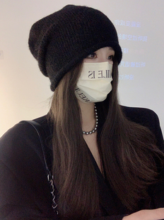 冷酷风秋冬针织毛线帽百搭黑色堆堆帽显脸小大头围韩版护耳冷帽潮