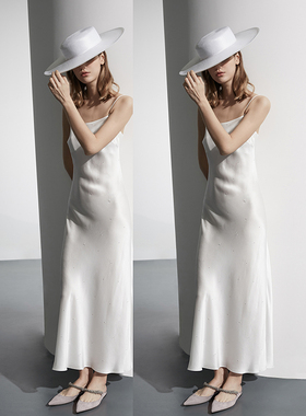 我叫新闻silky miracle优雅黑色白色水钻真丝长裙睡衣家居服内搭