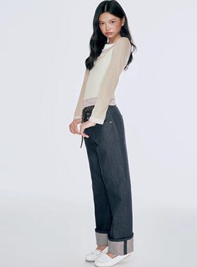 设计师AHHH休闲拼接腰头翻边直筒牛仔裤长裤24新款