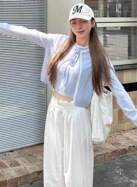 CONCISE-WHITE简白2024秋季新款绵羊毛蕾丝花边宽松针织开衫女