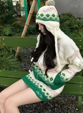 新闻家13DE MARZO 2025秋季新款拉链开衫撞色连帽针织毛衣外套装