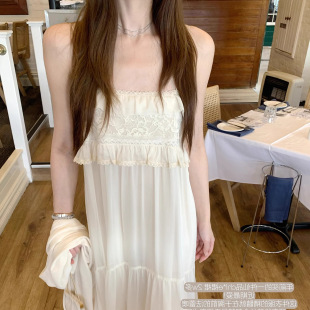 Lace薄雾月光_挚爱法蕾 朦胧仙气花边领口吊带裙白色连衣裙女热卖