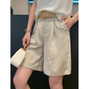 休闲百搭短裤 新款 通勤风女 女夏季 亚麻天丝日系宽松高腰阔腿五分裤