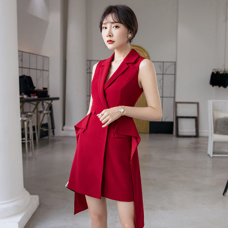 春夏新款气质名媛深v领性感无袖收腰西装连衣裙枣红色通勤基本款