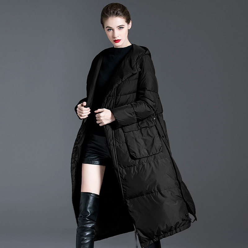 羽绒服女连帽中长款新款时尚加厚白鸭绒保暖秋冬收腰修身外套女士