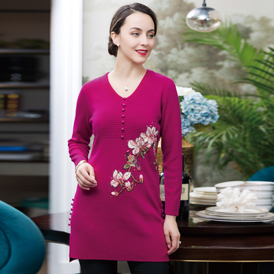 亿喜绣秋冬加肥加大码手工刺绣羊毛中长款连衣裙女71817