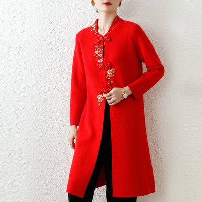 亿喜绣女装新款 绣花针织羊毛衫妈妈洋气中长款打底上衣裙子92120