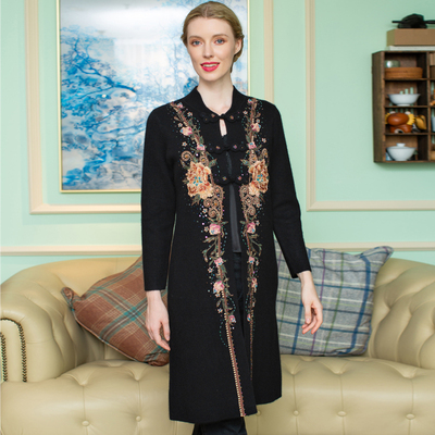 亿喜绣大码外套中国风针织羊毛大衣长款妈妈装绣花貂绒开衫5233