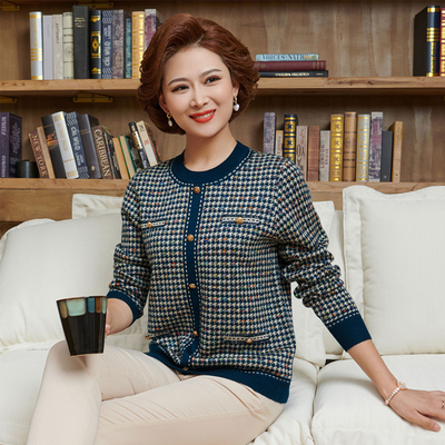 慕莲女装秋冬外套妈妈装时尚碎花格子针织宽松开衫洋气款21107