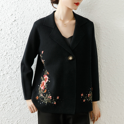 亿喜绣中老年秋冬装羊毛衫高档绣花妈妈婚宴款喜婆婆短外套92117