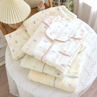 春夏全棉睡衣女2025家居服开衫长袖卡通纯棉纱布日系简约大码睡衣