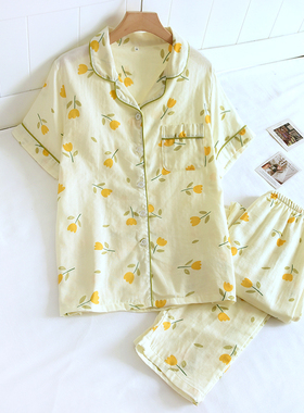 纯棉棉纱睡衣女翻领短袖长裤双层纱布薄款纯棉空调家居服两件套