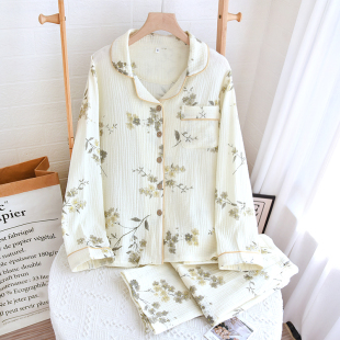 新品女士春秋款裤子带口袋绉布长袖女式家居服夏天薄全棉套装