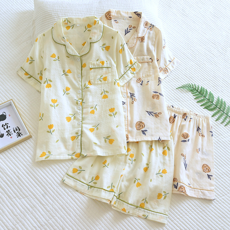 棉纱新款睡衣女夏季薄款短袖短裤女士纯棉纱布春秋全棉家居服套装