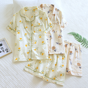 棉纱新款睡衣女夏季薄款短袖短裤女士纯棉纱布春秋全棉家居服套装