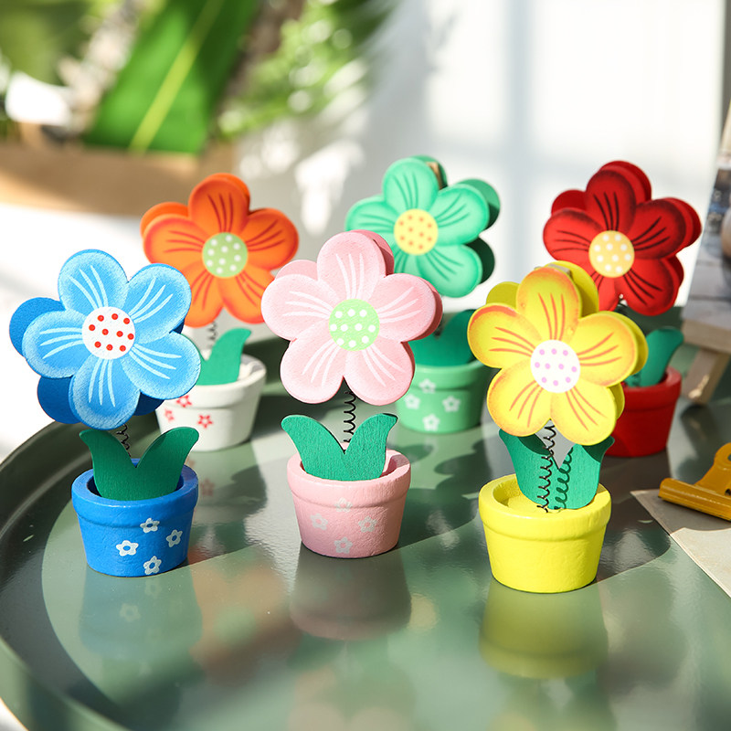 创意日韩少女心照片夹可爱盆栽花桌面摆件留言夹木质小夹子便条夹 文具电教 文化用品 商务用品 多多购优惠