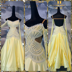 源美舞服拉丁舞比赛淡黄色赛服专业表演恰恰伦巴花服