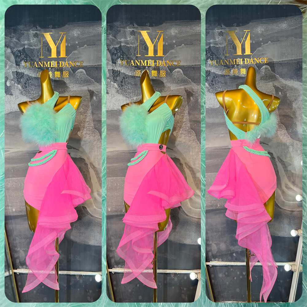 源美舞服 拉丁舞服女成人夏季新款夸张鱼骨撞色套装 高档舞蹈演出