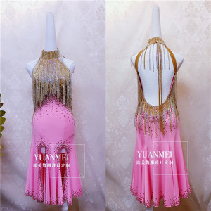 源美舞服 粉色拉丁赛服 拉丁舞高档比赛服 仿奥钻拉丁裙表演 恰恰