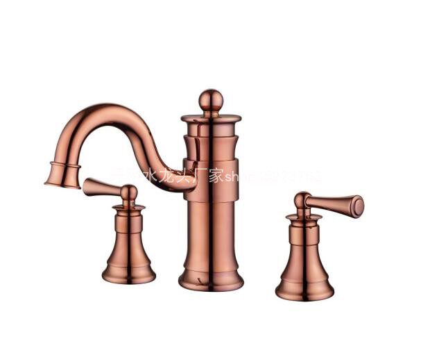 玫瑰金三孔 双把三件套分体双把面盆龙头全铜三孔龙头30017实拍