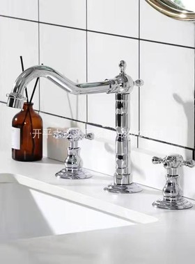 镀铬三孔 欧式三件套十字双把手面盆龙头全铜分离式龙头30632实拍