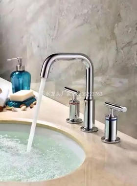 电镀一字把手 双把三件套分体面盆龙头全铜台盆三孔龙头30468实拍