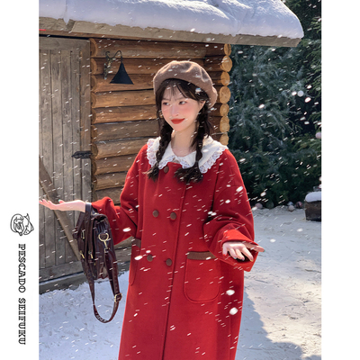 红色大衣女秋冬小个子毛呢外套