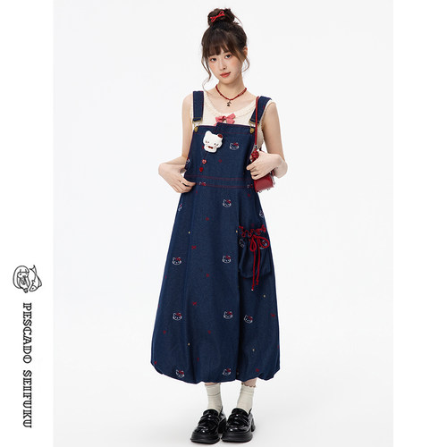 牛仔背带连衣裙女小个子花苞裙