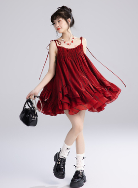 甜鱼少盐 [红莓糖纸]红色连衣裙套装女夏季甜美小个子裙子两件套