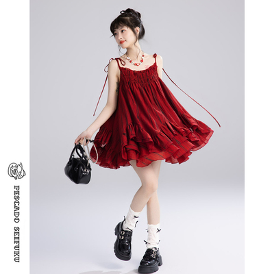 红色连衣裙套装女夏甜美小个子