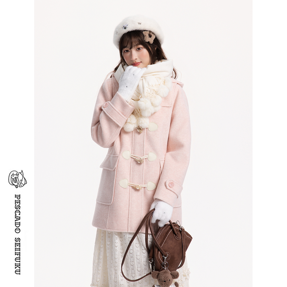 粉色牛角扣大衣女羊毛毛呢外套