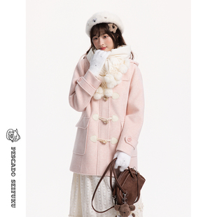 甜鱼少盐 [绪山]学院风牛角扣大衣女2025新款小个子粉色羊毛外套