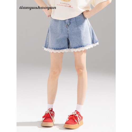蕾丝拼接牛仔短裤女夏小个子