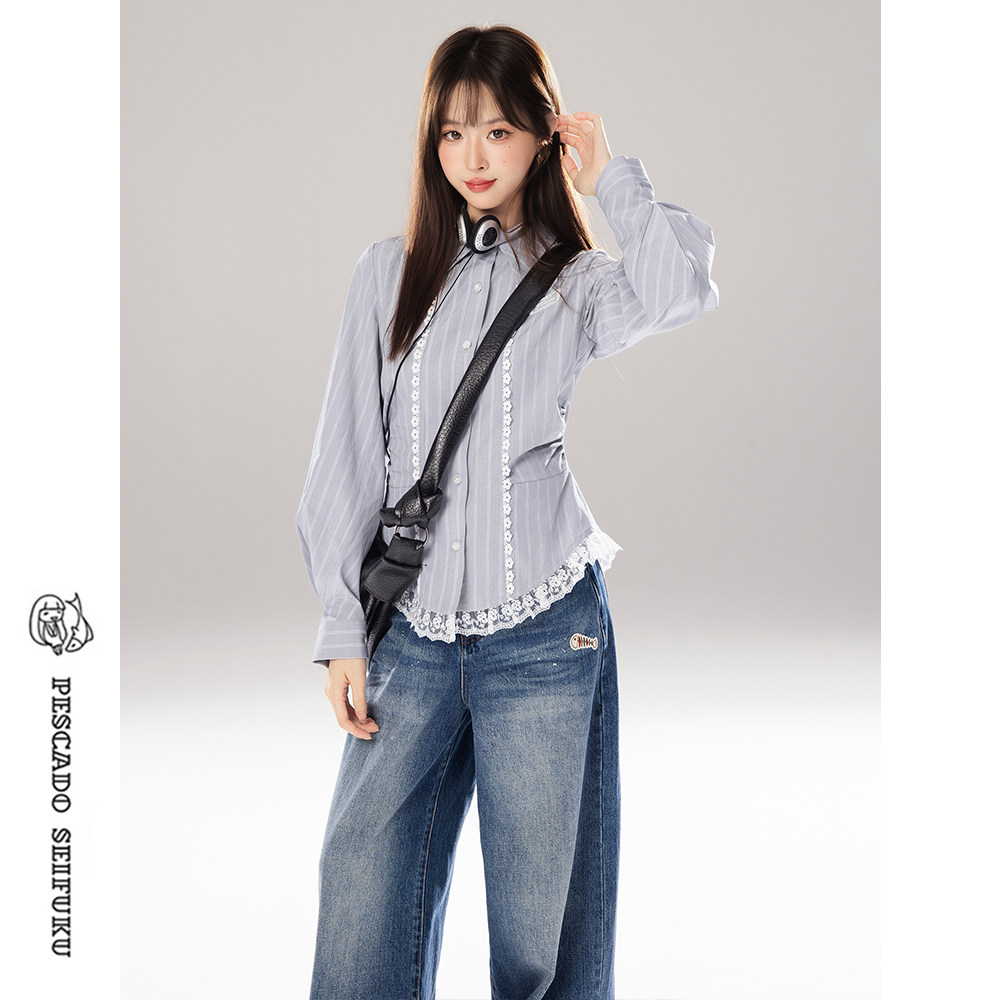 灯笼袖条纹长袖衬衫女小个子上衣