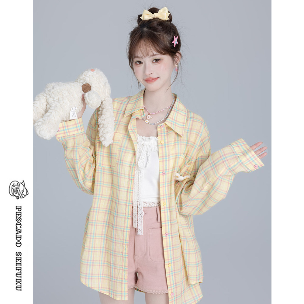 咸鱼衣橱 薄款防晒格子衬衫女夏季甜美小个子长袖空调衫显瘦上衣
