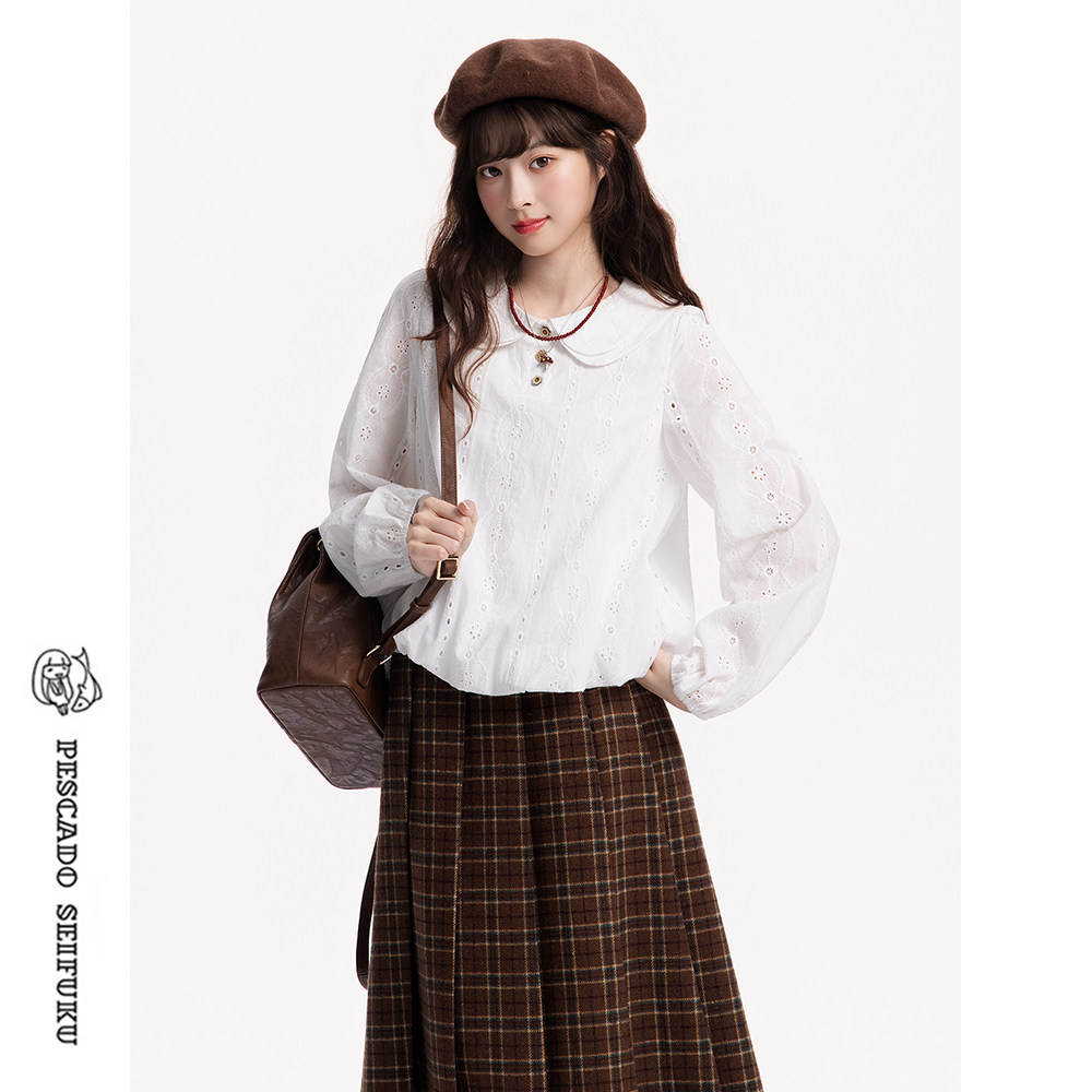 甜鱼少盐[花续]白色衬衫女春季2026新款小个子娃娃领叠穿打底上衣