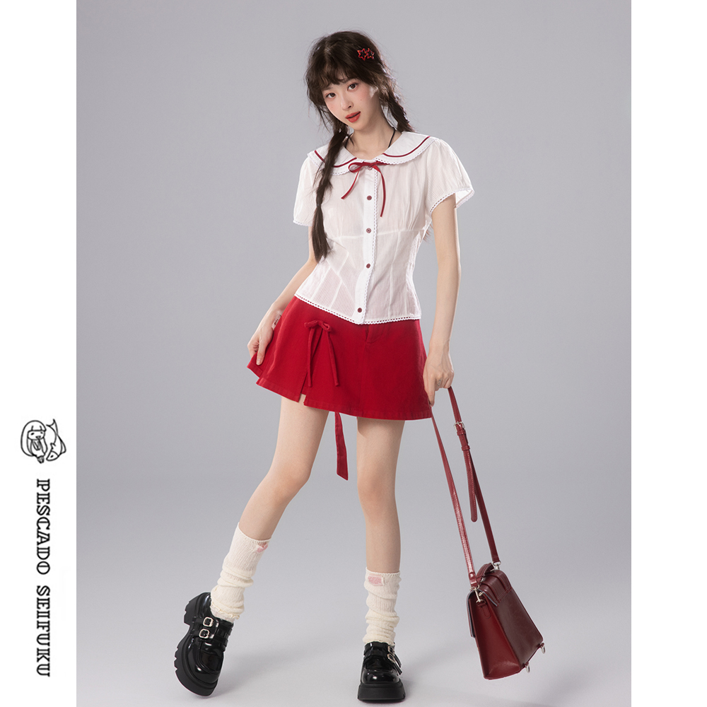学院风娃娃领白色衬衫女夏小个子