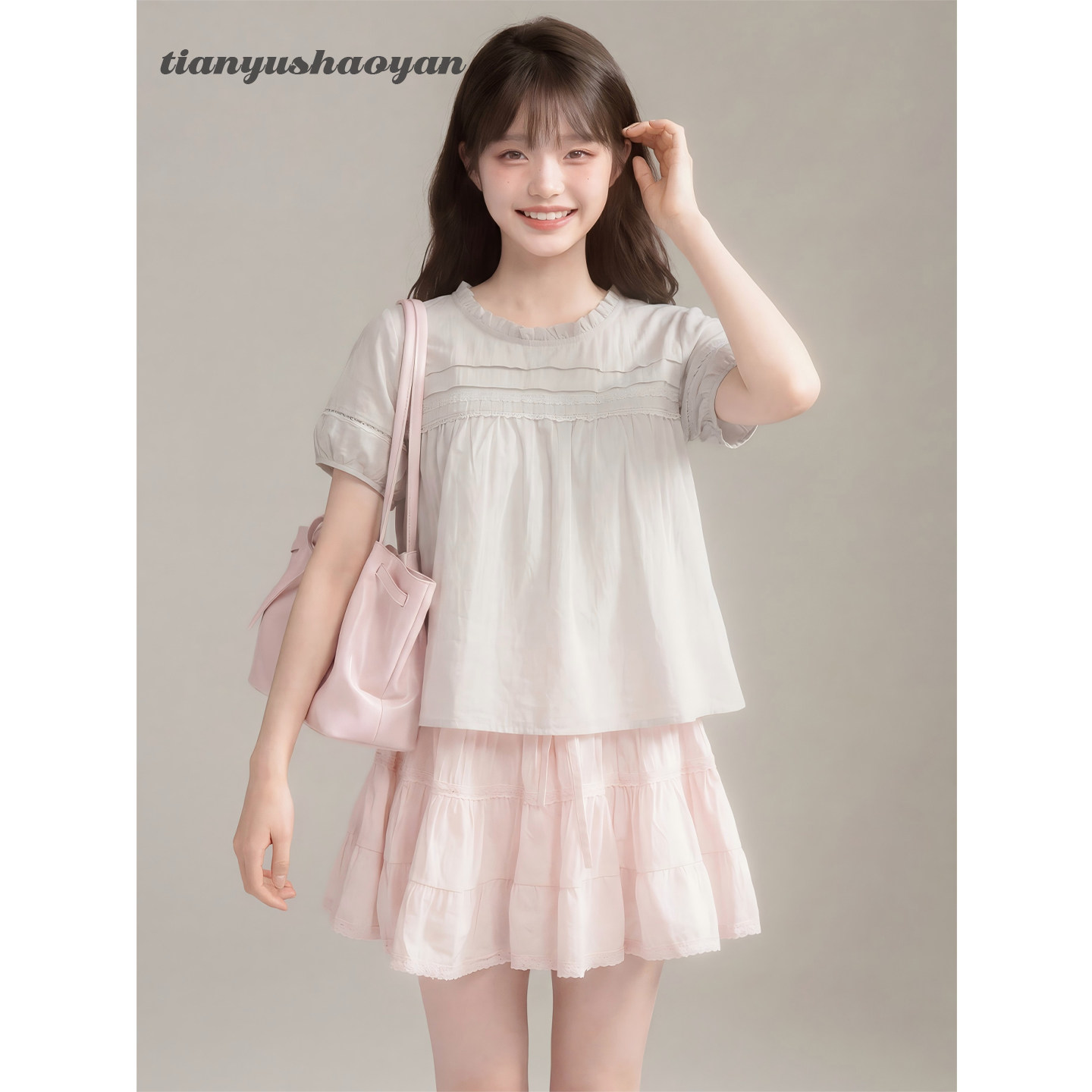 甜鱼少盐6/6 20点 新品95折灰色蕾丝棉衬衫[浅雾白茶]女夏学院风