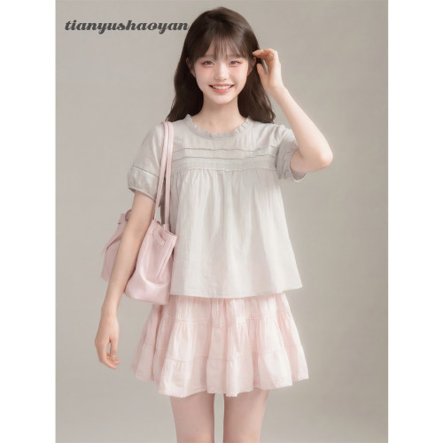 甜鱼少盐6/6 20点 新品95折灰色蕾丝棉衬衫[浅雾白茶]女夏学院风