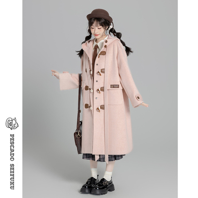 学院风牛角扣大衣女秋冬毛呢外套