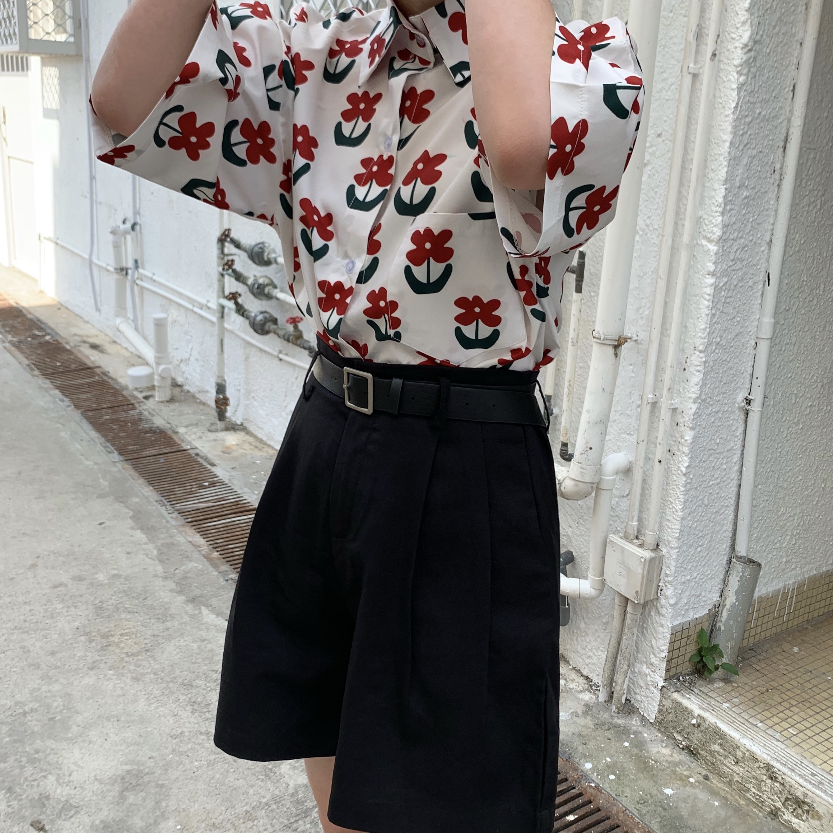 Real price floral short sleeve shirt + Black Suit Shorts