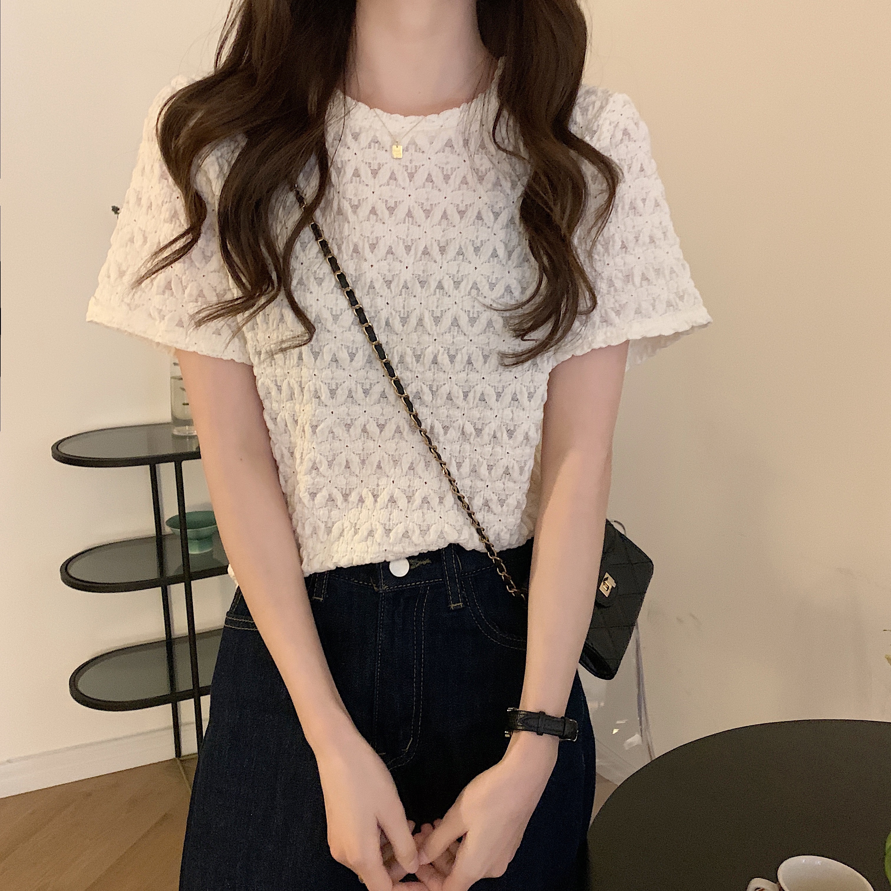 Real price 2021 summer style flower petal lace hollow round neck Pullover short sleeve versatile top