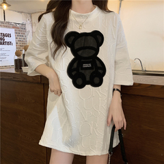Real price new Korean loose jacquard printed T-shirt cute bear medium length casual T-shirt