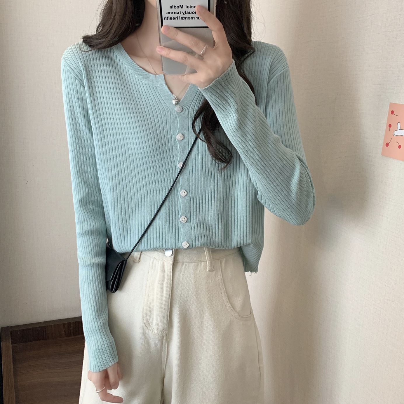 Real shot real shot spring Korean versatile round neck loose retro single breasted T-shirt